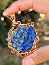 Load image into Gallery viewer, Reserved for Melanie R Lapis Lazuli Rose with gem inclusions Wire Wrapped Pendent Necklace