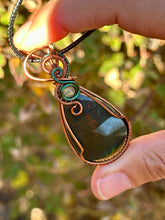 Load image into Gallery viewer, Bloodstone with fluorite gem accents wire wrapped pendant necklace