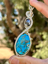 Load image into Gallery viewer, Reserved for Mojave Magnesite composite with Czech glass double decker Wire wrapped pendant