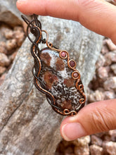 Load image into Gallery viewer, Artisan cab (johari gems) eudialyte with thulite + ruby gem accents wire wrapped pendant necklace