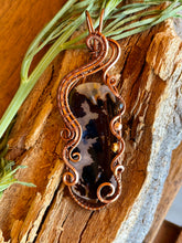 Load image into Gallery viewer, Artisan cab (positive rocks) dendritic agate with tiger eye + hematite gem accents wire wrapped pendant necklace