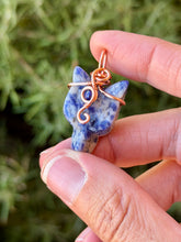 Load image into Gallery viewer, Blue spot jasper mini wolf head with lapis lazuli gem accent wire wrapped pendant necklace