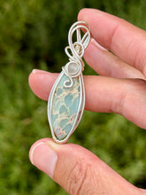 Load image into Gallery viewer, Sea sediment jasper with selenite gem accents wire wrapped pendant necklace