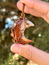 Load image into Gallery viewer, Artisan cab (positive rocks) Carnelian Crescent moon with citrine + garnet gem accents wire wrapped pendant necklace