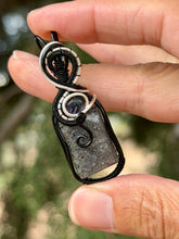 Load image into Gallery viewer, Black sunstone with charoite gem accent wire wrapped pendant necklace