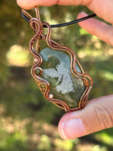 Load image into Gallery viewer, ARTISAN STONE (Marina Rabinskaya) Green Vesuvianite with rhodochrosite + peridot gem accents wire wrapped pendant necklace