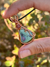 Load image into Gallery viewer, Ruby in fuchsite with Ruby gem accents wire wrapped pendant necklace