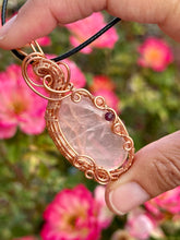 Load image into Gallery viewer, Rose quartz with rhodochrosite + ruby gem accents wire wrapped pendant necklace