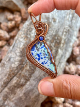 Load image into Gallery viewer, Artisan cab (johari gems) blue bird azurite with lapis lazuli gem accent wire wrapped pendant necklace
