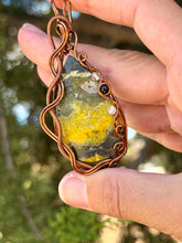 Load image into Gallery viewer, Artisan cab (positive rocks) Bumblebee Jasper with citrine + onyx gem accent wire wrapped pendant necklace