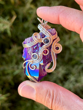 Load image into Gallery viewer, Purple aura quartz cluster with sapphire and raspberry jade gem accent wire wrapped pendant necklace