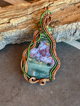 Load image into Gallery viewer, Artisan cab (positive rocks) Indian agate with prehnite with zoisite gem accent wire wrapped pendant necklace