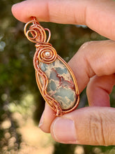 Load image into Gallery viewer, Sea sediment jasper with pearl gem accent wire wrapped pendant necklace