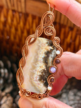 Load image into Gallery viewer, Artisan cab (positive rock) porcelain jasper with mother of pearl, red mookaite, lepidolite gem accents wire wrapped pendant necklace