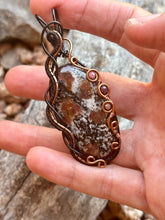 Load image into Gallery viewer, Artisan cab (johari gems) eudialyte with thulite + ruby gem accents wire wrapped pendant necklace