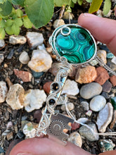 Load image into Gallery viewer, Reserved for Carrie Malachite with Black Onyx Inclusions Wire Wrapped Key Pendent Necklacee