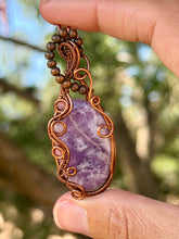 Load image into Gallery viewer, Light lepidolite with thulite + rose quartz gem accent wire wrapped pendant necklace