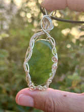 Load image into Gallery viewer, Serpentine with peridot + rhodochrosite gem accents wire wrapped pendant necklace
