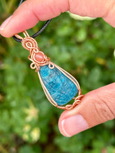 Load image into Gallery viewer, Blue Apatite with cherry quartz gem accent wire wrapped pendant necklace