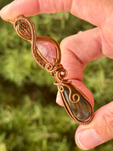 Load image into Gallery viewer, Rhodochrosite + labradorite double decker wire wrapped pendant necklace