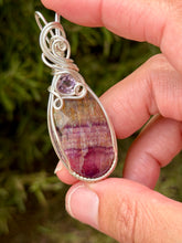 Load image into Gallery viewer, Rainbow fluorite with faceted amethyst gem accent wire wrapped pendant necklace