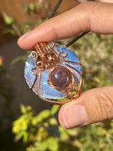 Load image into Gallery viewer, Opalite moon with star sapphire gem accent wire wrapped pendant necklace