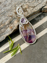Load image into Gallery viewer, Rainbow fluorite with faceted amethyst gem accent wire wrapped pendant necklace