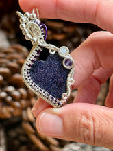 Load image into Gallery viewer, Artisan cab (Casdans) Blue goldstone with amethyst + Opalite gem accents wire wrapped pendant necklace