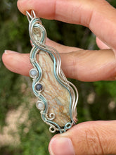 Load image into Gallery viewer, Artisan cab (positive rock) common blue opal with Angelite + sapphire gem accents wire wrapped pendant necklace