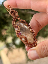 Load image into Gallery viewer, Belomorite Sunstone with citrine and ruby gem accents wire wrapped pendant necklace