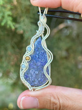 Load image into Gallery viewer, ARTISAN CAB (adit stones) Purple (dyed) Indonesian moss agate with Angelite + phosphosiderite gem accents wire wrapped pendant necklace