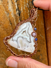 Load image into Gallery viewer, Reserved for Ann C White Tube Agate (cab by positive rocks) with sodalite + lepidolite inclusions wire wrapped talisman pendant necklace
