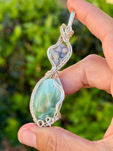 Load image into Gallery viewer, Hemimorphite with grape agate double stone wire wrapped pendant necklace