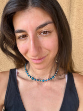 Load image into Gallery viewer, Blue apatite + blue (dyed) kiwi jasper 16” beaded stretchy necklace