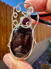 Load image into Gallery viewer, Reserved for Adrianne s Hypersthene with Garnet Gem Inclusion Wire Wrapped Pendent Necklace