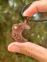 Load image into Gallery viewer, Strawberry quartz moon with rose quartz gem accents wire wrapped pendant necklace