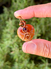 Load image into Gallery viewer, Bumblebee jasper mini heart with garnet gem accent wire wrapped pendant necklace
