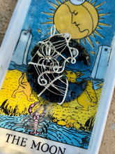 Load image into Gallery viewer, Obsidian moon with labradorite + onyx gem accents wire wrapped pendant necklace