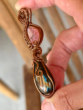 Load image into Gallery viewer, Rhodochrosite + labradorite double decker wire wrapped pendant necklace