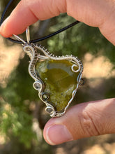 Load image into Gallery viewer, Artisan cab (johari gems) green opal with rutile quartz + peridot gem accents wire wrapped pendant necklace