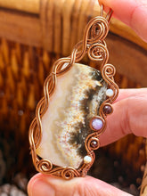 Load image into Gallery viewer, Artisan cab (positive rock) porcelain jasper with mother of pearl, red mookaite, lepidolite gem accents wire wrapped pendant necklace