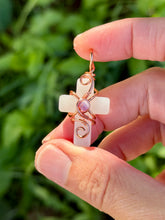 Load image into Gallery viewer, Milky quartz mini cross with amethyst gem accent wire wrapped pendant necklace