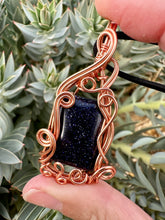 Load image into Gallery viewer, Reserved for Taylee Blue Goldstone Wire Wrapped Pendent Necklace