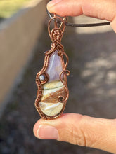 Load image into Gallery viewer, Blue common opal with purple agate with sapphire gem accents wire wrapped pendant necklace
