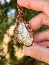 Load image into Gallery viewer, Artisan cab (johari gems) Ocean Jasper with aquamarine gem accent wire wrapped pendant necklace