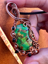 Load image into Gallery viewer, Reserved for Tanya r Green Mojave Turquoise with Hematie + Onyx gem inclusion Wire Wrapped Pendent Necklacet