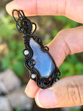 Load image into Gallery viewer, Chocolate Moonstone with Labradorite + Obsidian Gem Accents wire wrapped pendant necklace