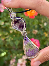 Load image into Gallery viewer, Trapiche amethyst with atlantasite double wire wrapped pendant necklace