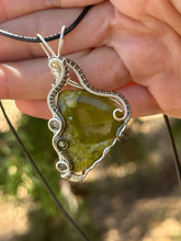 Load image into Gallery viewer, Artisan cab (johari gems) green opal with rutile quartz + peridot gem accents wire wrapped pendant necklace