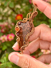 Load image into Gallery viewer, Artisan cab (positive rocks) red river jasper with garnet + carnelian gem accents wire wrapped pendant necklace